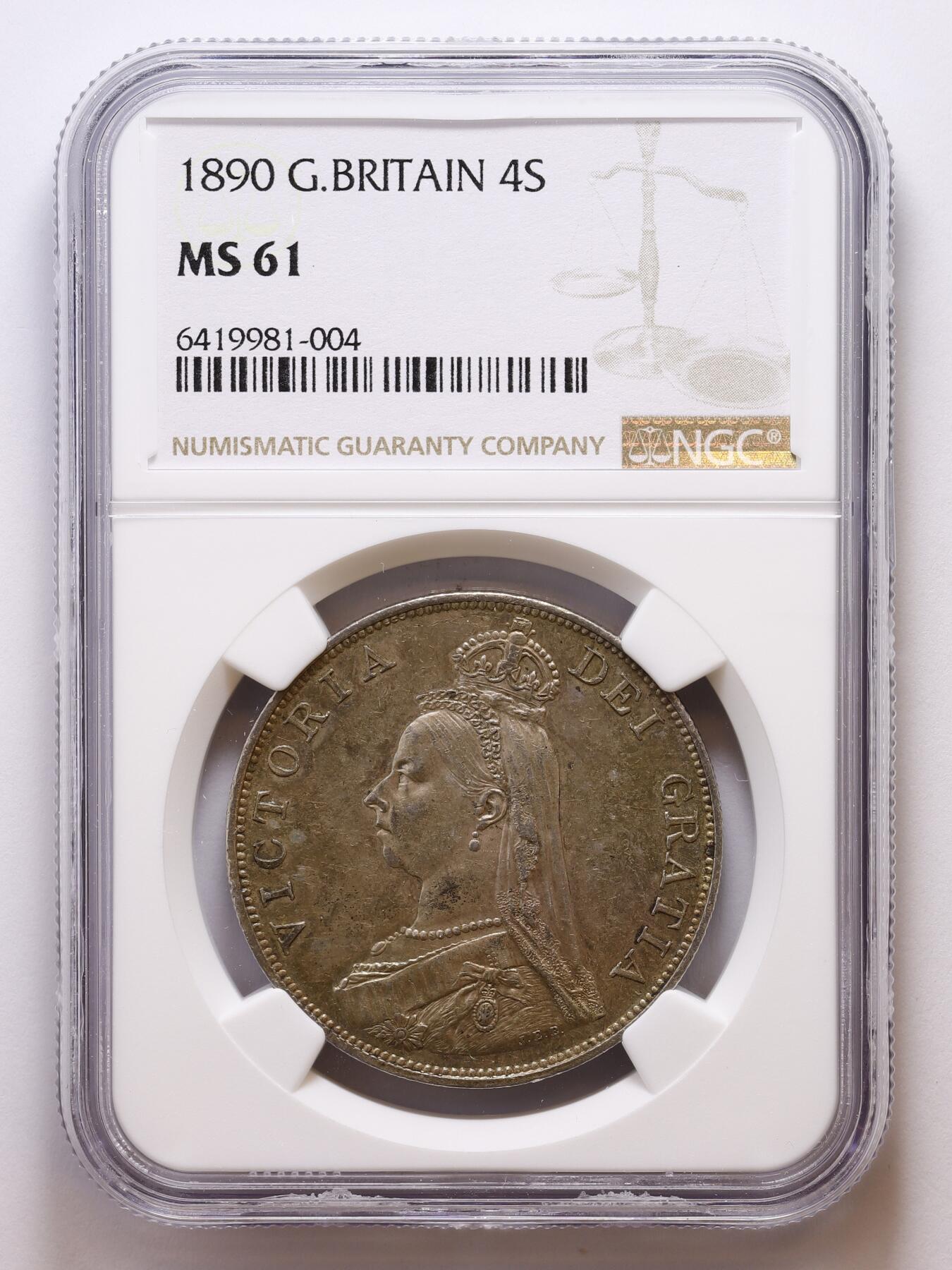 观钱 近现代机制币拍卖No.007（全场顺丰包邮，不区分偏远地区）  1890 年英国维多利亚 4 先令（弗罗林）银币（NGC MS61）