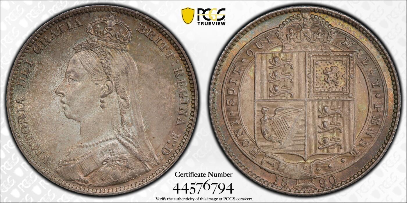 万国钱币拍卖第064期 PCGS MS64 1890年英国维多利亚女王高冠1先令 极美原味孔雀绿五彩环绕