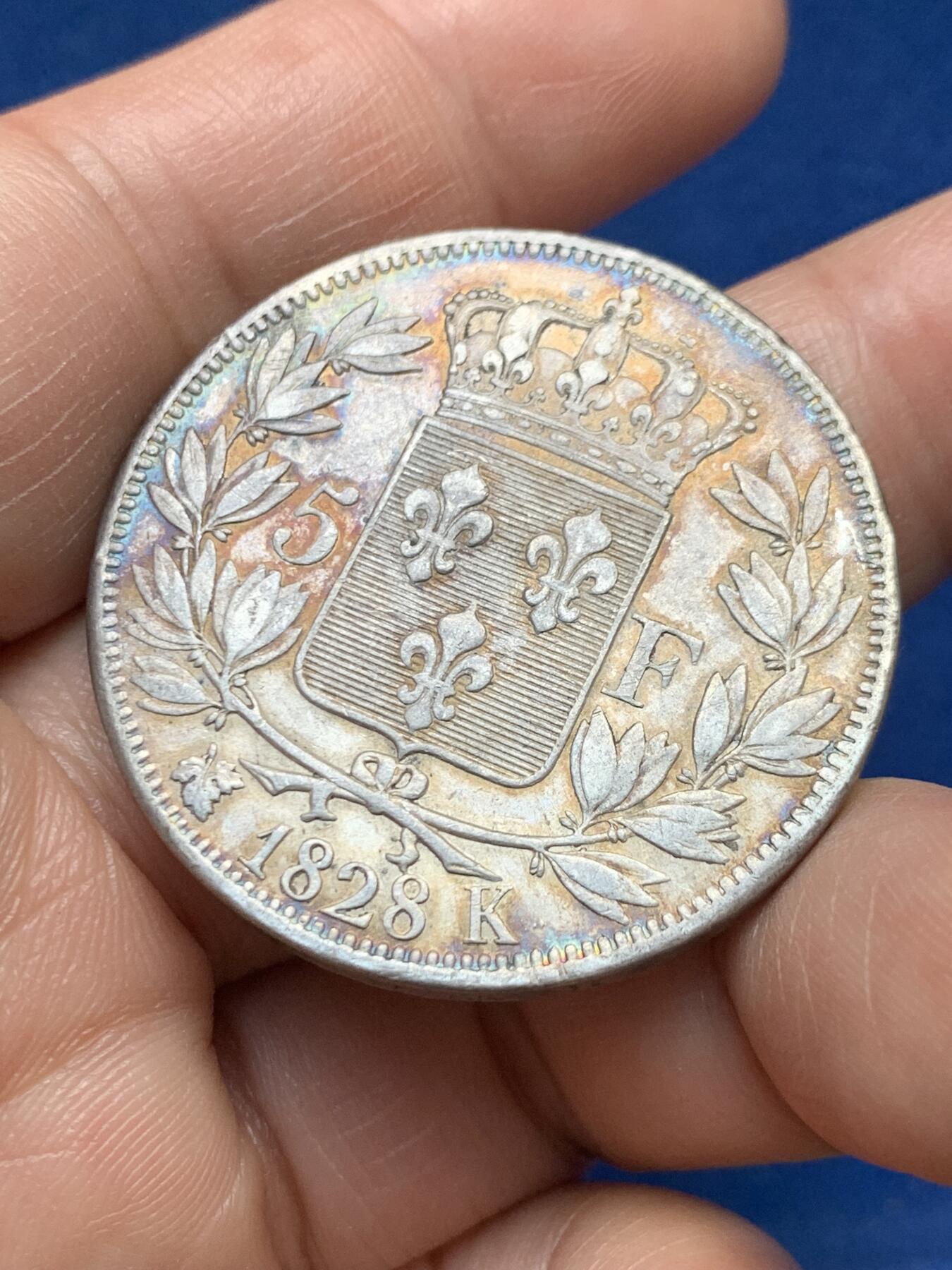 《竞宝斋》第478场 周日，周一 2场连拍 （全场包邮）欢迎送拍 法国1828年K版查理十世5法郎大银币 波尔多造币厂