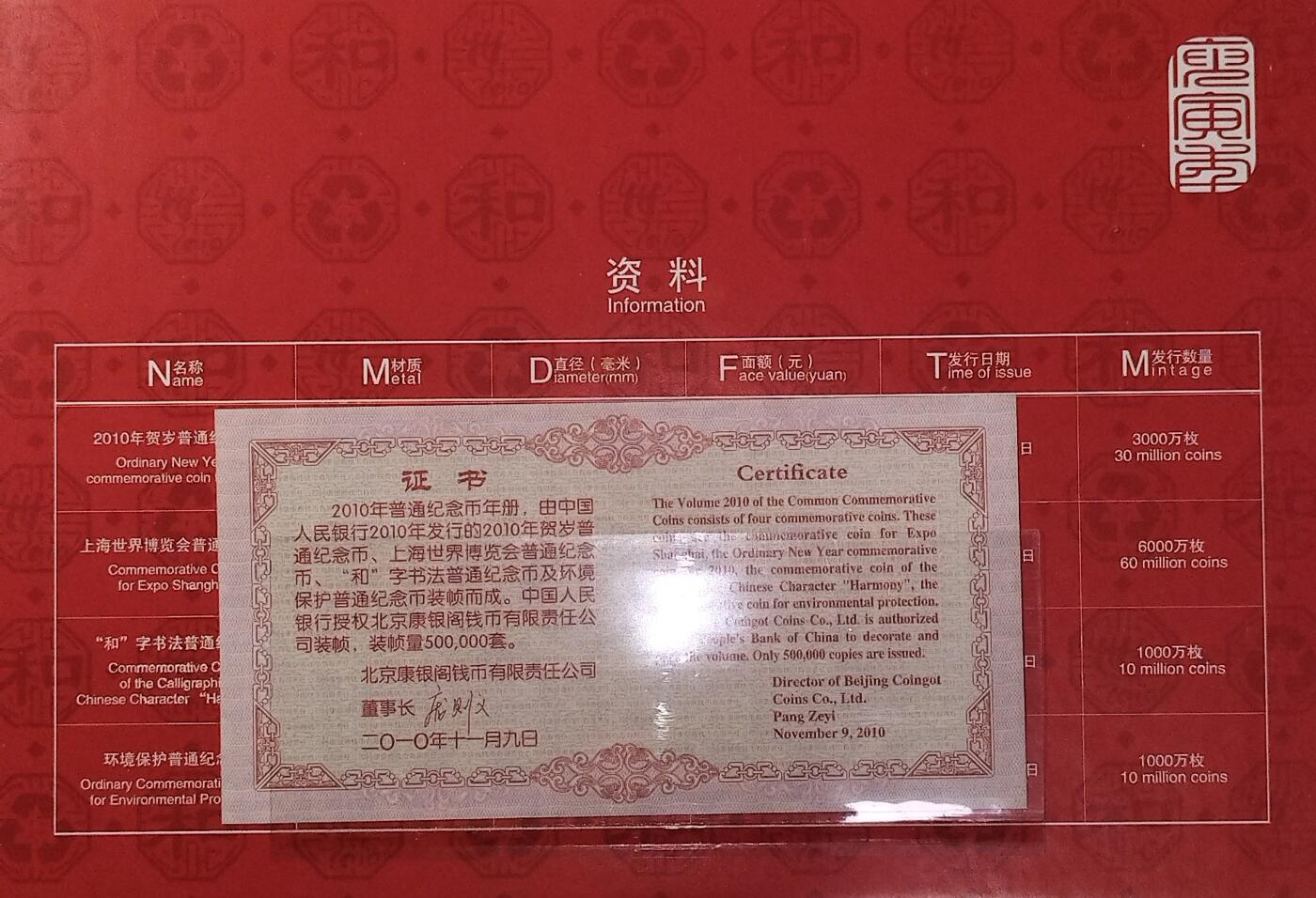 2010年康银阁装帧纪念币年册，原装全套，带证书，虎年贺岁币、世博会币、“和”字书法币、环保币各一枚，铜质，1元面值。按图发货！