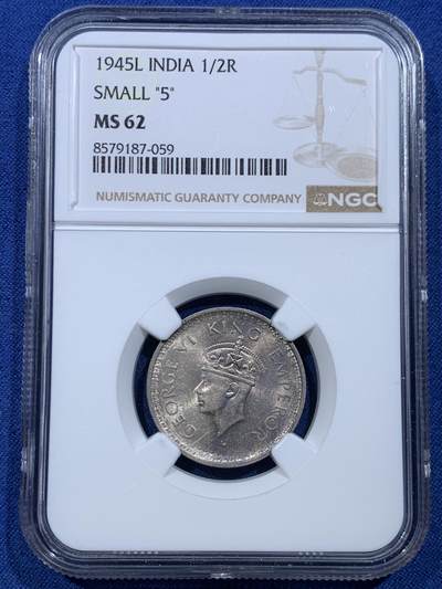 《竞宝斋》第478场 周日，周一 2场连拍 （全场包邮）欢迎送拍 - NGC MS62 英属印度1945L“small 5”版半卢比银币