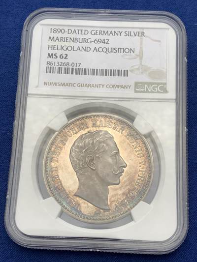 《竞宝斋》第478场 周日，周一 2场连拍 （全场包邮）欢迎送拍 - NGC MS62 德国1890赫尔戈兰群岛纳入帝国版图纪念大银章 罕见品种 火烧云五彩镜面喷砂质感 38MM