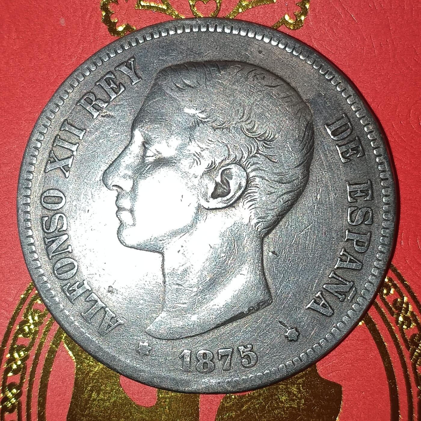 Lot.6-1875年西班牙阿方索十二世5比塞塔双柱银币24.68克