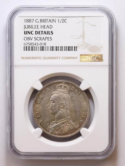 观钱 近现代机制币拍卖No.007（全场顺丰包邮，不区分偏远地区）  -  1887 年英国维多利亚禧年头像半克朗银币（NGC UNC Details OBV Scrapes）
