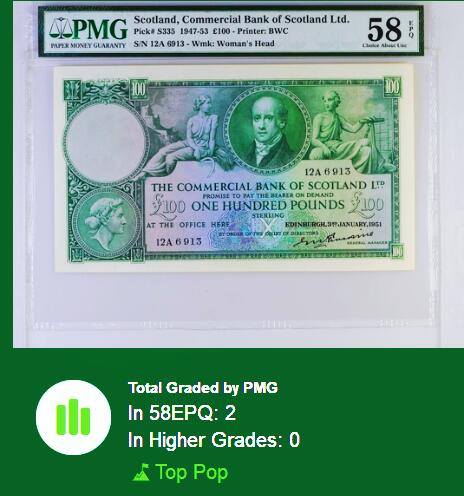 【Blue Auction】世界纸币精拍第806期——18级TOP拍卖/信誉/品质/专业/高效💫   【冠军分 仅2张 pS335 大珍】苏格兰商业银行1951年100镑 PMG58EPQ 原票 背面大场景 BWC雕刻精美 该日期仅发行3000张 当时为了适应苏格兰当地银行的柜台大小，员工往往会在新钞发行前折一到两次放入抽屉，所以PMG58E已是该版纸币事实意义上的全新品，极为难得（这么多年过去还是只有2张58E的最高分）