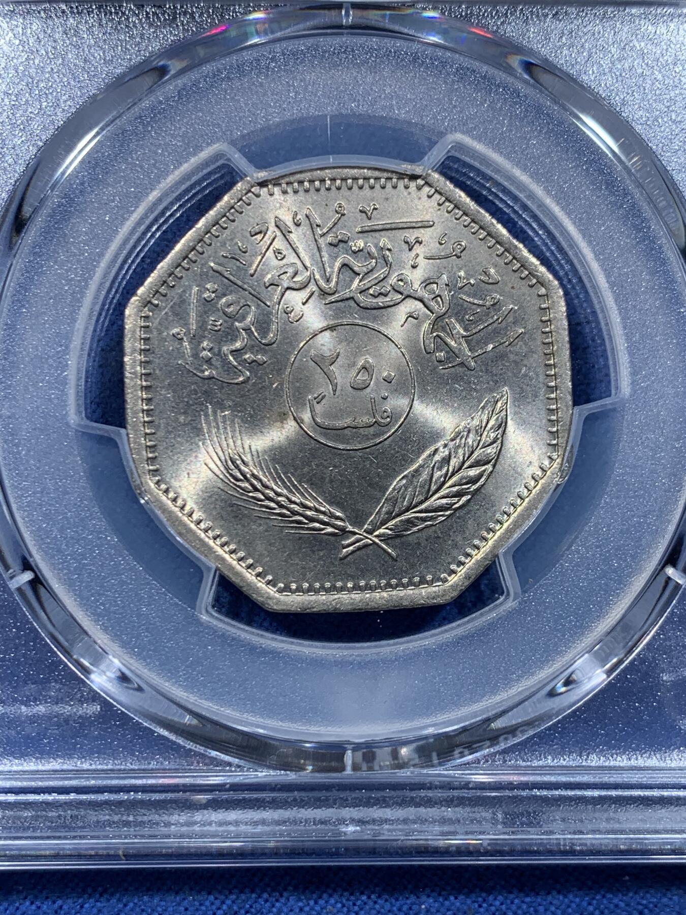 《竞宝斋》第478场 周日，周一 2场连拍 （全场包邮）欢迎送拍 PCGS MS65 伊拉克1981年椰树250费尔多边形镍币 车轮光状态 冠军分！