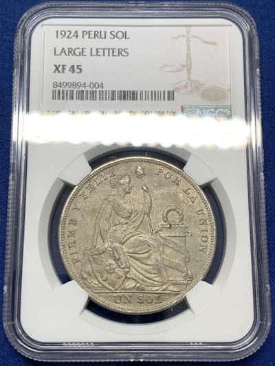 《竞宝斋》第478场 周日，周一 2场连拍 （全场包邮）欢迎送拍 - NGC XF45 秘鲁1924年坐人女神1索尔银币