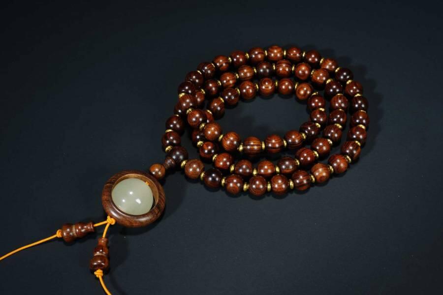 上海都达杂项专场六十八【全场包邮】 海南黄花梨虎皮纹灯笼珠多圈时来运转吊坠手串 附鉴定证书95-293