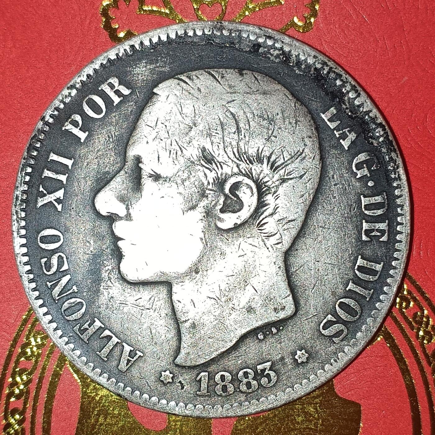 Lot.8-1883年西班牙阿方索十二世5比塞塔双柱银币24.76克