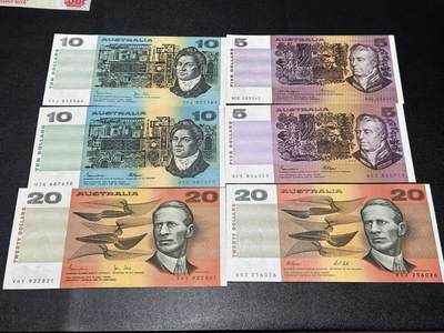 《外钞收藏家》第六百二十四期（精品场）（长期征集拍品、欢迎藏友们联系合作） - 澳大利亚5、10、20澳元 各两张一起 基本都是AU品相