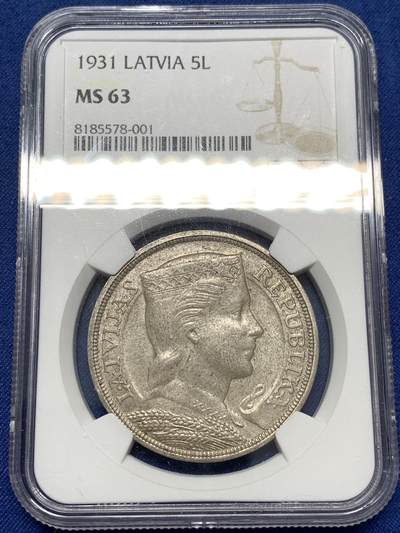 《竞宝斋》第478场 周日，周一 2场连拍 （全场包邮）欢迎送拍 - NGC MS63 拉脱维亚1931年5拉特银币，同系列高分精品，品相更优，市场溢价明显