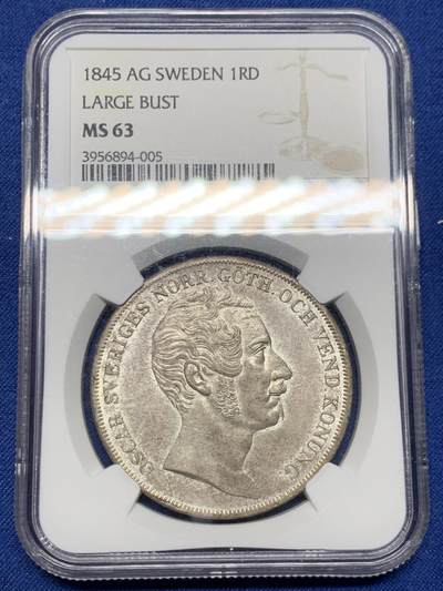 《竞宝斋》第478场 周日，周一 2场连拍 （全场包邮）欢迎送拍 - 唯一冠军分 NGC MS63 瑞典 1845年 奥斯卡一世 1RD大银币 大头版仅发行2年 北欧国家大银币都少见