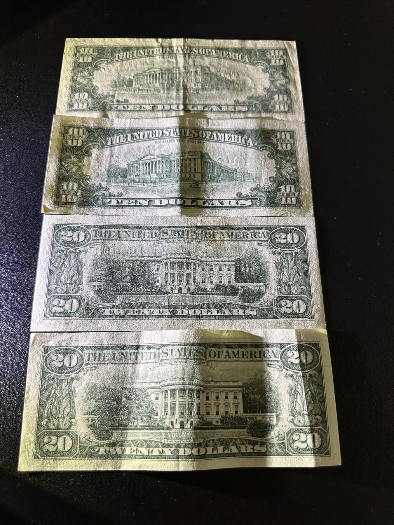 《外钞收藏家》第六百二十四期（精品场）（长期征集拍品、欢迎藏友们联系合作） 美国小头版10和20美元 4张一起 非全新 品相如图