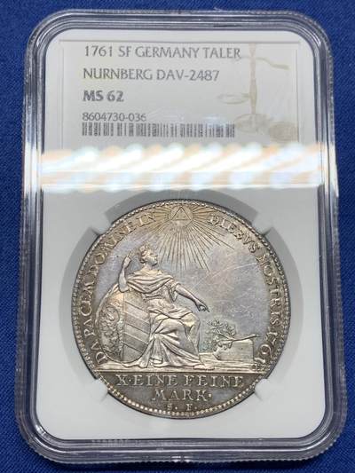 《竞宝斋》第478场 周日，周一 2场连拍 （全场包邮）欢迎送拍 - 季军分 NGC MS62 德国 1761年 纽伦堡帝国自由城 弗朗茨一世 坐人 双头鹰 泰勒大银币 独年发型 普遍背面弱打这枚PL感
