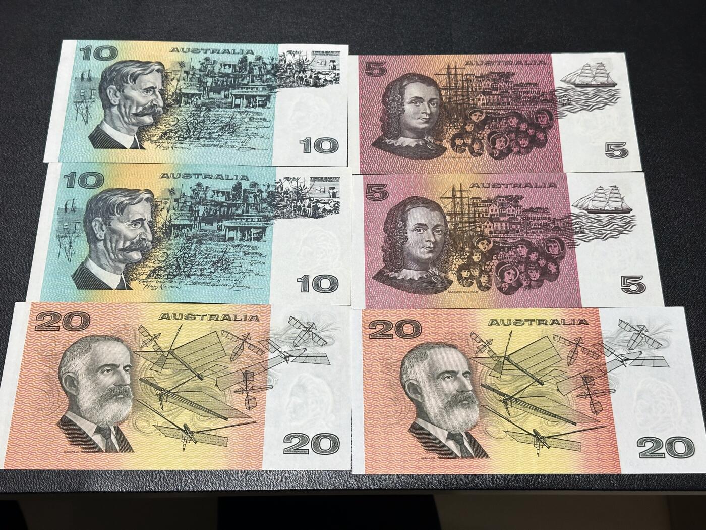 《外钞收藏家》第六百二十四期（精品场）（长期征集拍品、欢迎藏友们联系合作） 澳大利亚5、10、20澳元 各两张一起 基本都是AU品相