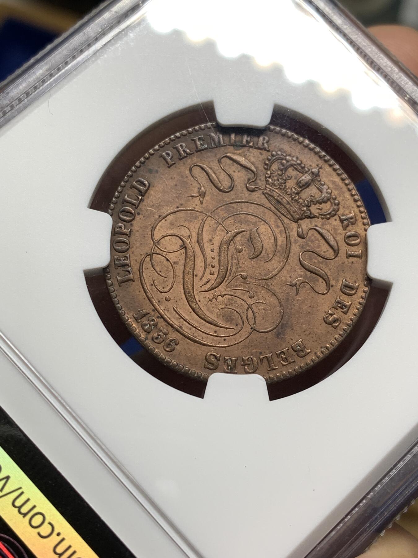 《竞宝斋》第478场 周日，周一 2场连拍 （全场包邮）欢迎送拍 NGC UNCD 比利时1856年五分铜币，铜光饱满，状态漂亮，比利时早期的大铜币十分难得