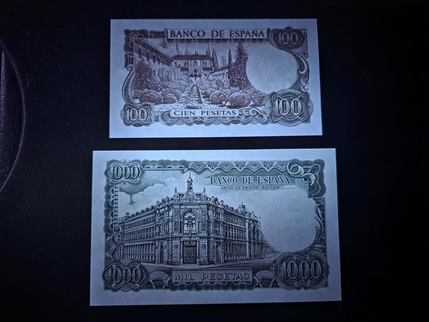 叁拾收藏第35期 西班牙1971年1000+1970年100比塞塔一对（精美大方块系列纸币）  UNC