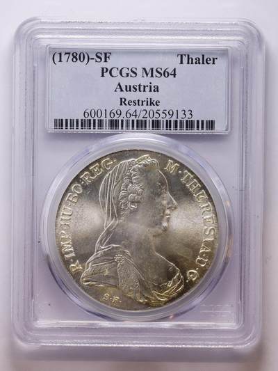 观钱 近现代机制币拍卖No.007（全场顺丰包邮，不区分偏远地区）  - 1780 年奥地利玛丽亚・特蕾西亚泰勒银币（大奶妈后铸版，PCGS MS64）PCGS老盒