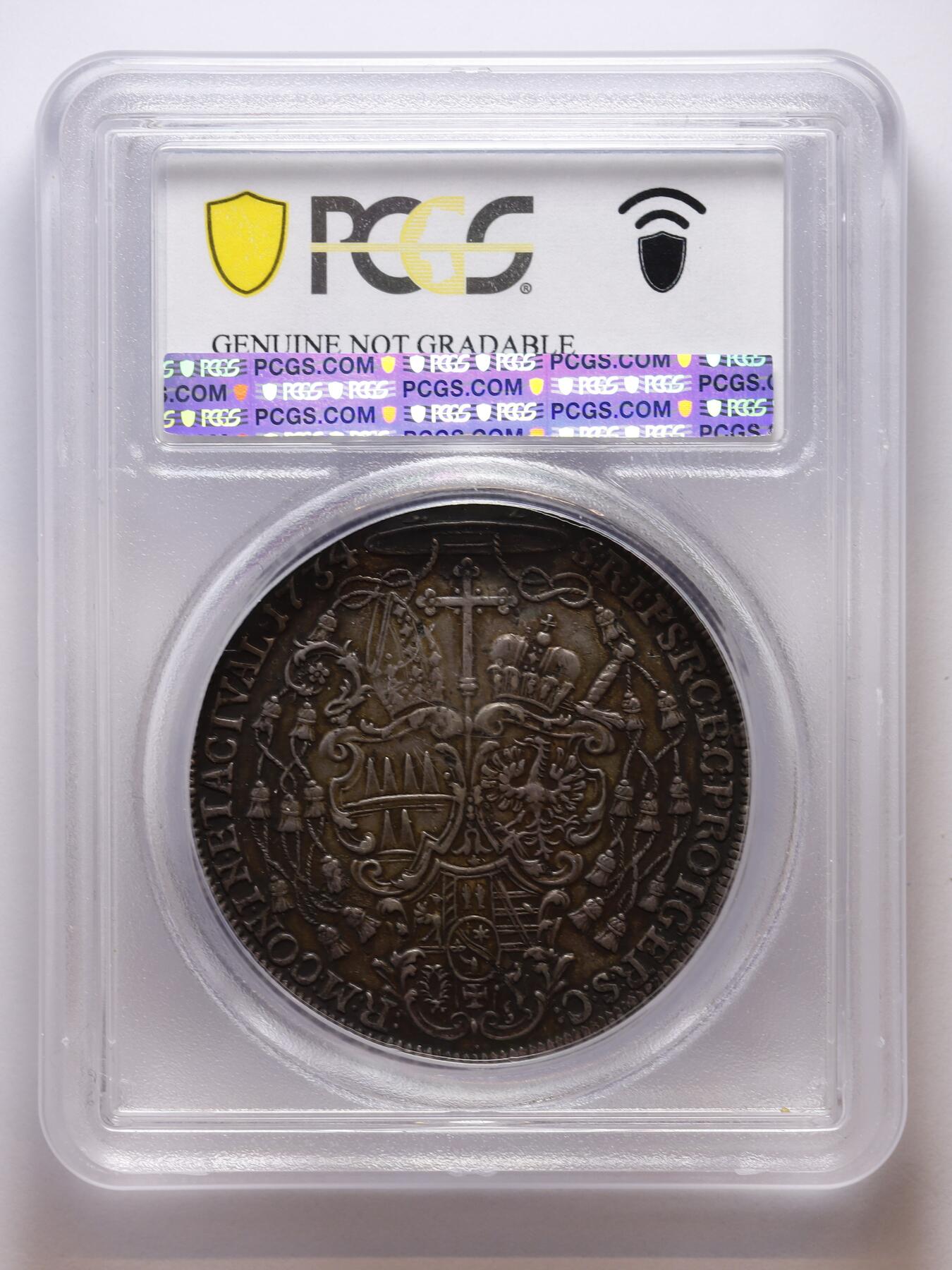 观钱 近现代机制币拍卖No.007（全场顺丰包邮，不区分偏远地区）   1734 年奥地利奥尔米茨教区泰勒银币（PCGS XF Detail mount removed）罕见品种，PCGS加厚盒