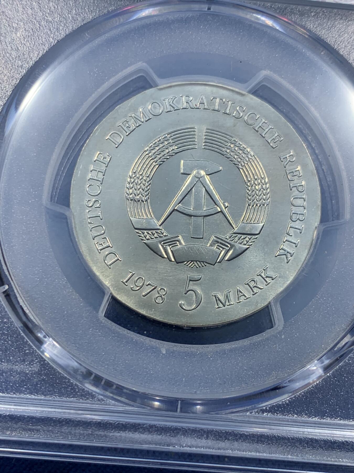 《竞宝斋》第478场 周日，周一 2场连拍 （全场包邮）欢迎送拍 PCGS UNCD 德国东德1978年5马克纪念币 诗人弗里德里希·戈特利布·克洛普斯托克逝世175周年纪念