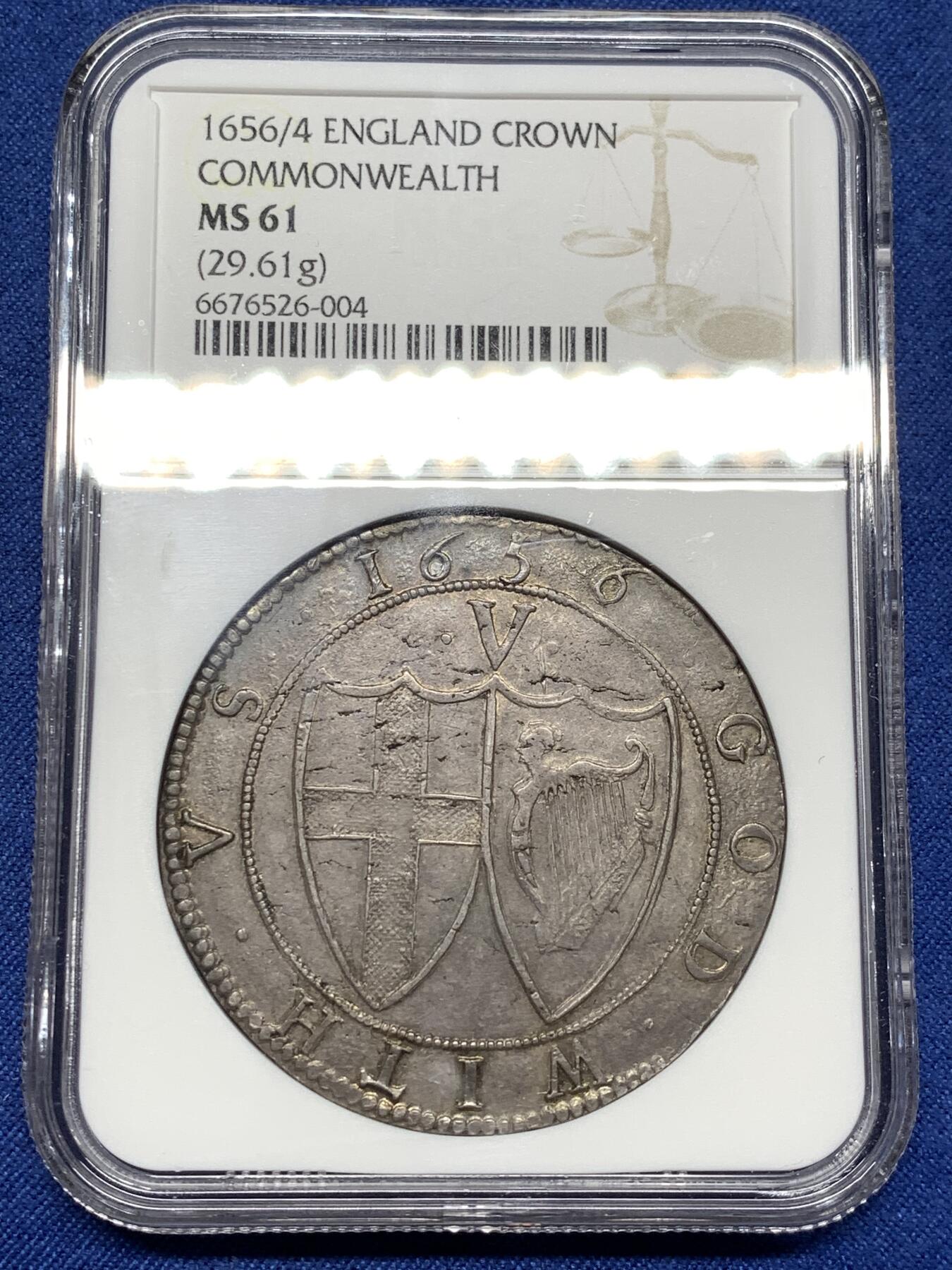 《竞宝斋》第478场 周日，周一 2场连拍 （全场包邮）欢迎送拍 NGC MS61 英国1656/4骑字commonwealth克朗，英国共和时期发行，少有的几种没有君主头像的英国钱币，大名誉品，最近成交感觉有锉痕的拍卖7200刀 本次的这枚明显好很多