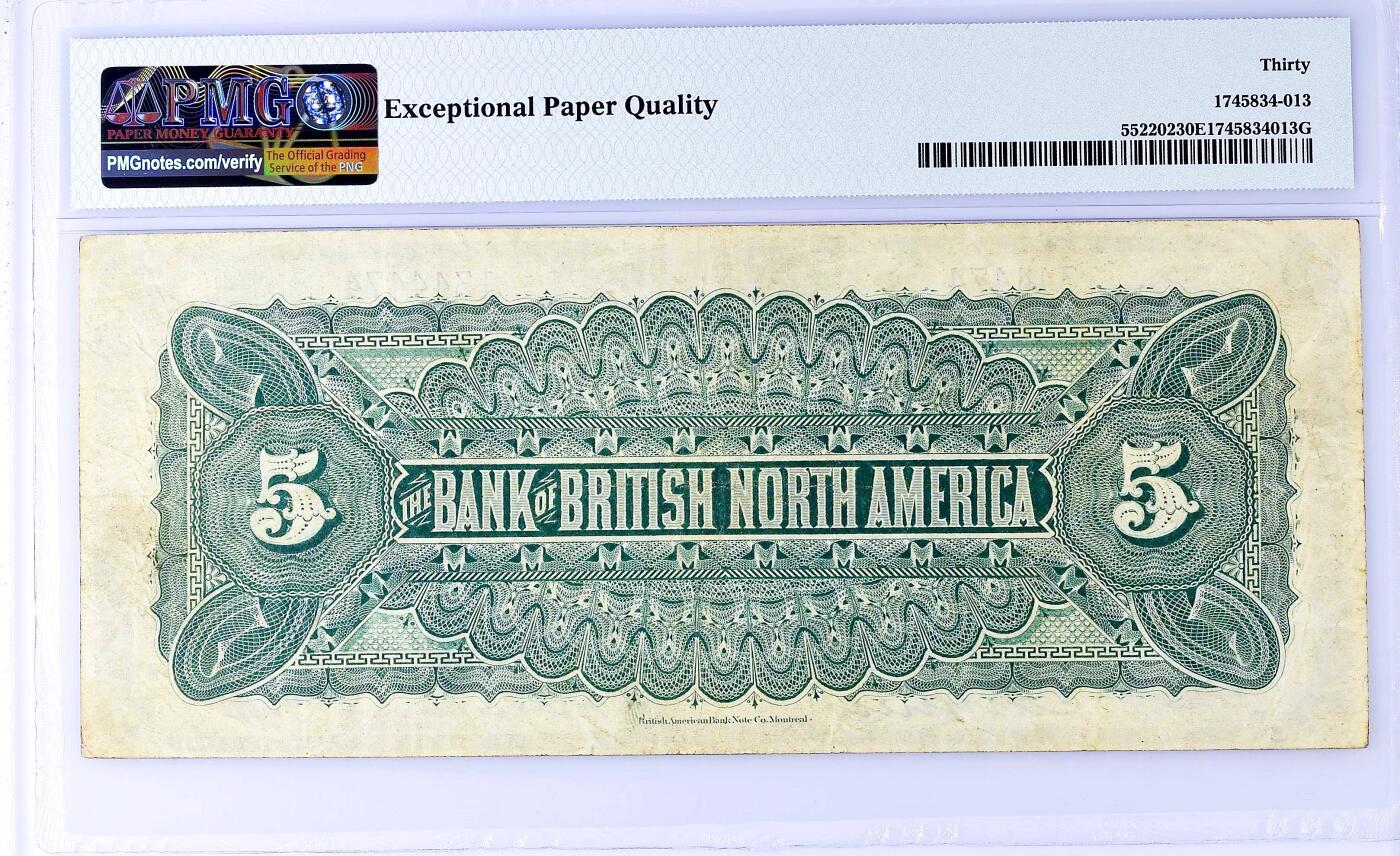 【Blue Auction】世界纸币精拍第806期——18级TOP拍卖/信誉/品质/专业/高效💫 【仅1张更高分 带E难得 140年前大珍纸币】加拿大 1886年5元 PMG30EPQ 原票罕见 超大票幅 右侧维多利亚女王经典的高冠造型 左侧其儿子威尔士亲王后来的爱德华七世 人像雕刻精美传神 经典绿背美钞风 （13年前另一张同分的拍了2530美金，如今时过境迁实难遇到，价格涨幅很大）