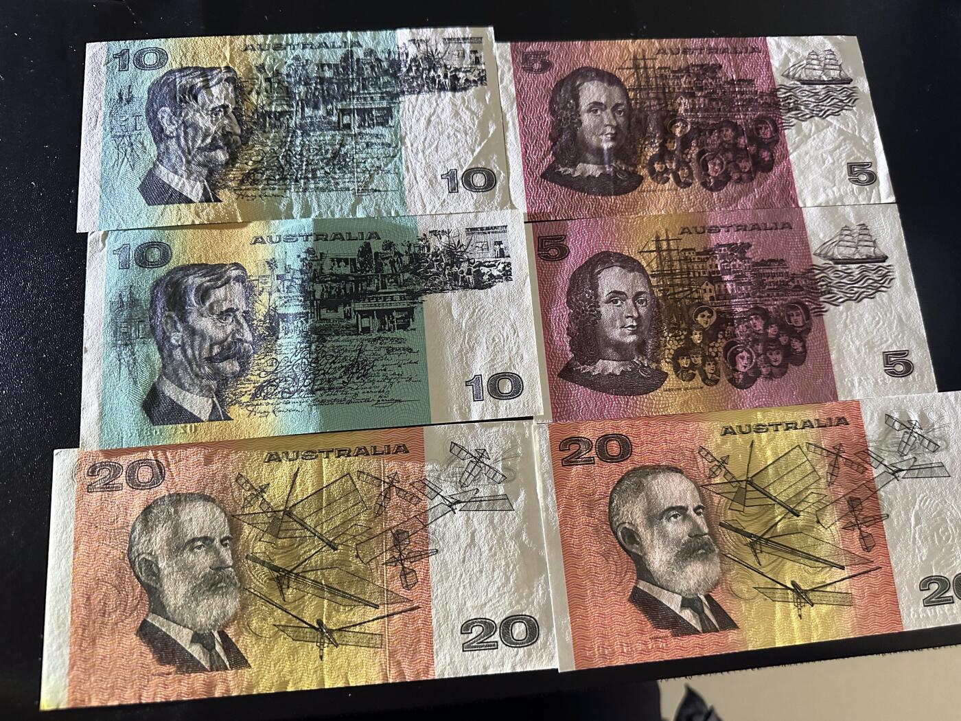 《外钞收藏家》第六百二十四期（精品场）（长期征集拍品、欢迎藏友们联系合作） 澳大利亚5、10、20澳元 各两张一起 基本都是AU品相