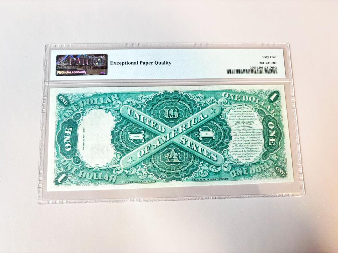【Blue Auction】世界纸币精拍第806期——18级TOP拍卖/信誉/品质/专业/高效💫   美国 1917年1美金 PMG65EPQ 大票幅 双面雕刻精美绿钞 征服者登陆 华盛顿头像