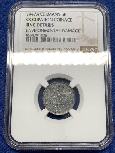 《竞宝斋》第478场 周日，周一 2场连拍 （全场包邮）欢迎送拍 - NGC UNCD 德国1947年A版5芬尼锌币