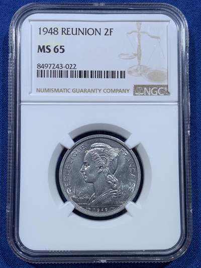《竞宝斋》第478场 周日，周一 2场连拍 （全场包邮）欢迎送拍 - NGC MS65 法属留尼旺1948年2法郎铝币 法属殖民地钱币背面设计各不相同，可供凑套收集，铝币高分好品难得