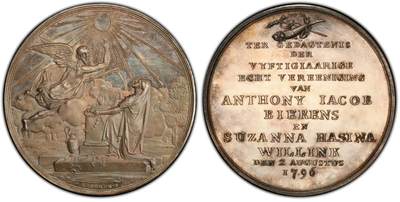 万国钱币拍卖第064期 - PCGS SP64 1796年德国纪念安东尼啤酒协会50周年大银章 仅见品种 大规格欧陆淡彩极美 持镰大天使形象