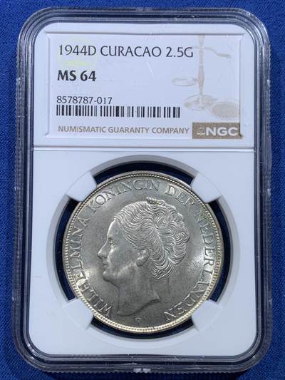 《竞宝斋》第478场 周日，周一 2场连拍 （全场包邮）欢迎送拍 - NGC MS64 荷属库拉索 1944年 威廉敏娜2.5盾银币 转光饱满