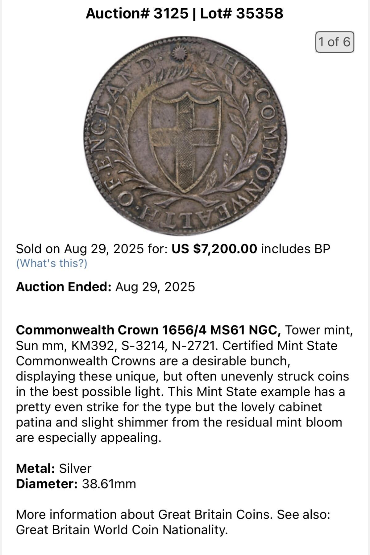《竞宝斋》第478场 周日，周一 2场连拍 （全场包邮）欢迎送拍 NGC MS61 英国1656/4骑字commonwealth克朗，英国共和时期发行，少有的几种没有君主头像的英国钱币，大名誉品，最近成交感觉有锉痕的拍卖7200刀 本次的这枚明显好很多