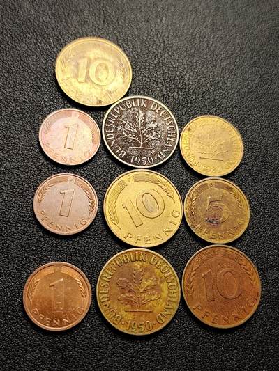 泉币菌-第221场-拍品多 请提前出价 - 10枚一组 联邦德国多面值芬尼硬币 橡树麦穗银行版 混合年份