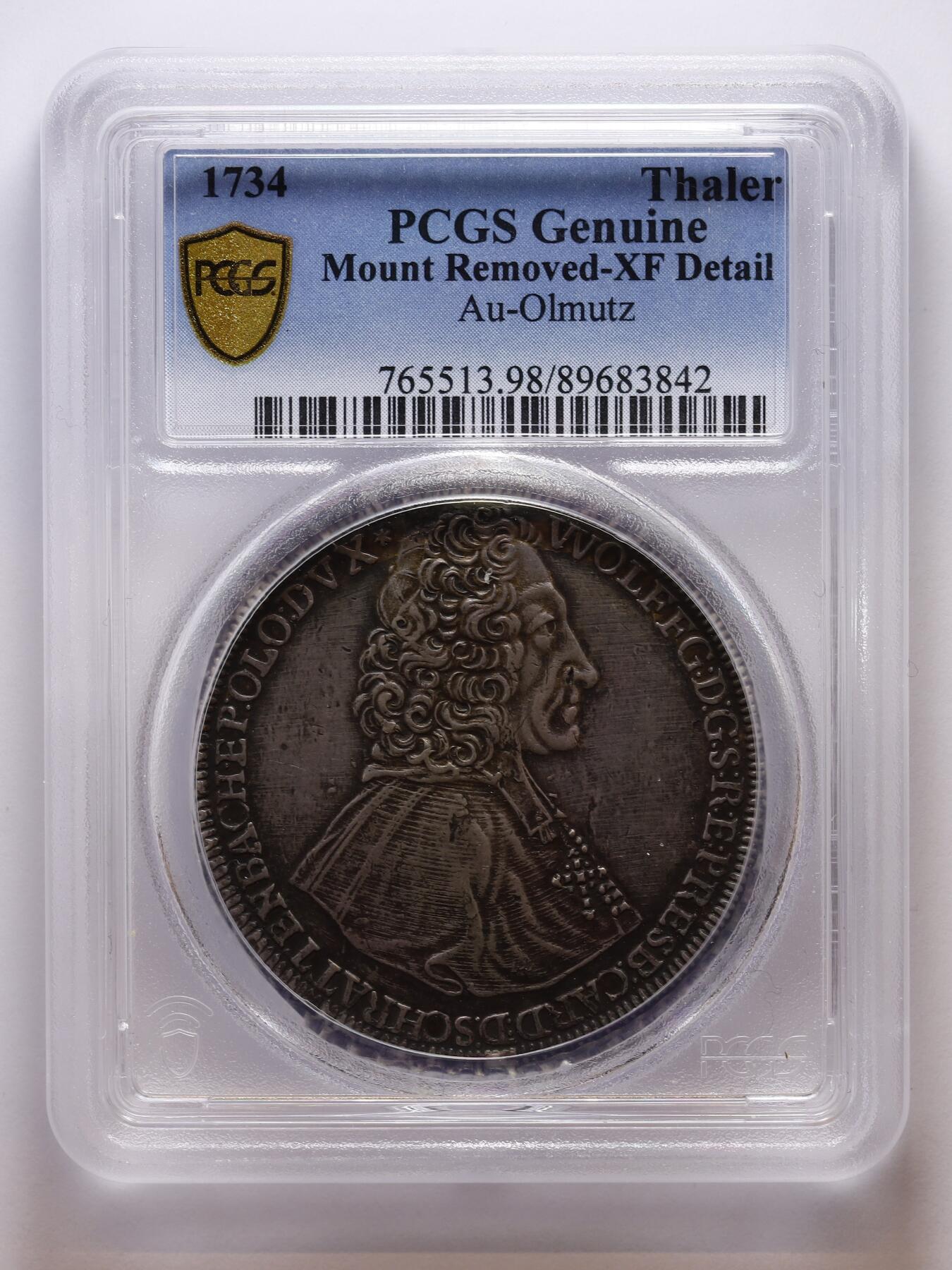 观钱 近现代机制币拍卖No.007（全场顺丰包邮，不区分偏远地区）   1734 年奥地利奥尔米茨教区泰勒银币（PCGS XF Detail mount removed）罕见品种，PCGS加厚盒