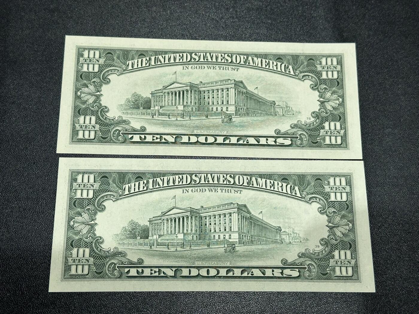 《外钞收藏家》第六百二十四期（精品场）（长期征集拍品、欢迎藏友们联系合作） 1995年美国小头版10美元 2张一起 全新UNC