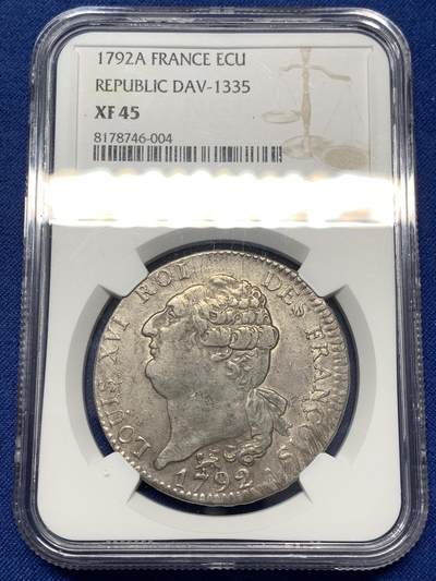 《竞宝斋》第478场 周日，周一 2场连拍 （全场包邮）欢迎送拍 - NGC XF45 法国1792A路易十六天使埃居大银币 第二版U下点 原状态实物漂亮 枪灰色包浆不错