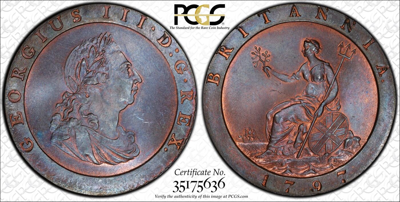 万国钱币拍卖第064期 PCGS MS64+ 1797年英国乔治三世1便士铜币 SOHO厂作品 厚重大规格原味红铜转光 难得一见的典藏级状态