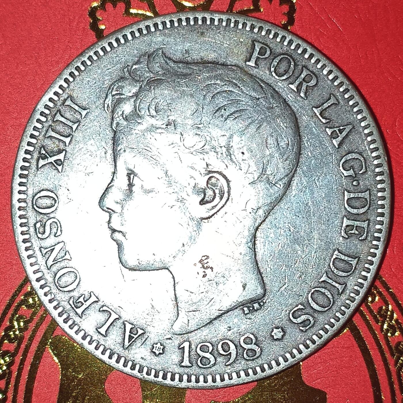 Lot.2-1898年西班牙阿方索十三世5比塞塔双柱银币24.16克