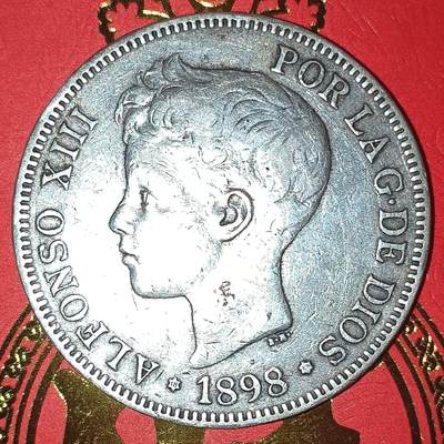 Lot.2-1898年西班牙阿方索十三世5比塞塔双柱银币24.16克 - Lot.2-1898年西班牙阿方索十三世5比塞塔双柱银币24.16克
