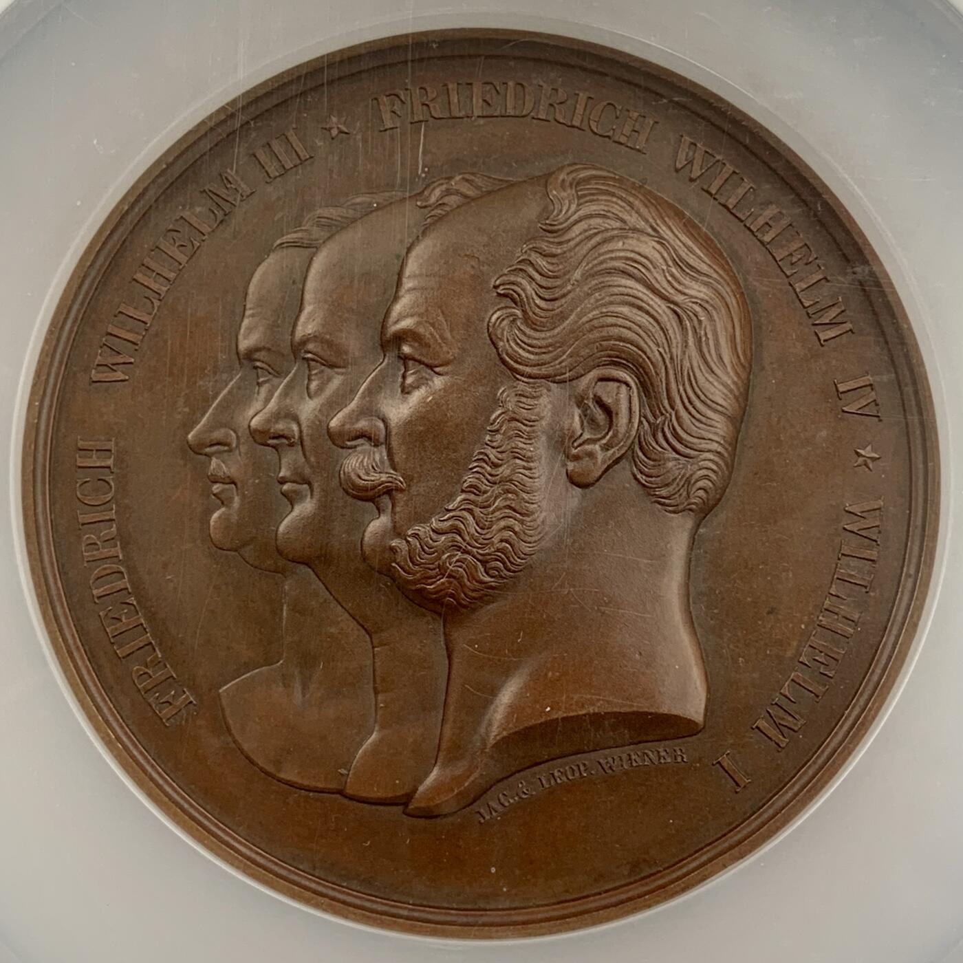 掌中浮雕-藏着的欧洲第057场 NGC MS64 : 1865年德国亚琛莱茵省并入普鲁士50周年纪念铜章, 70mm