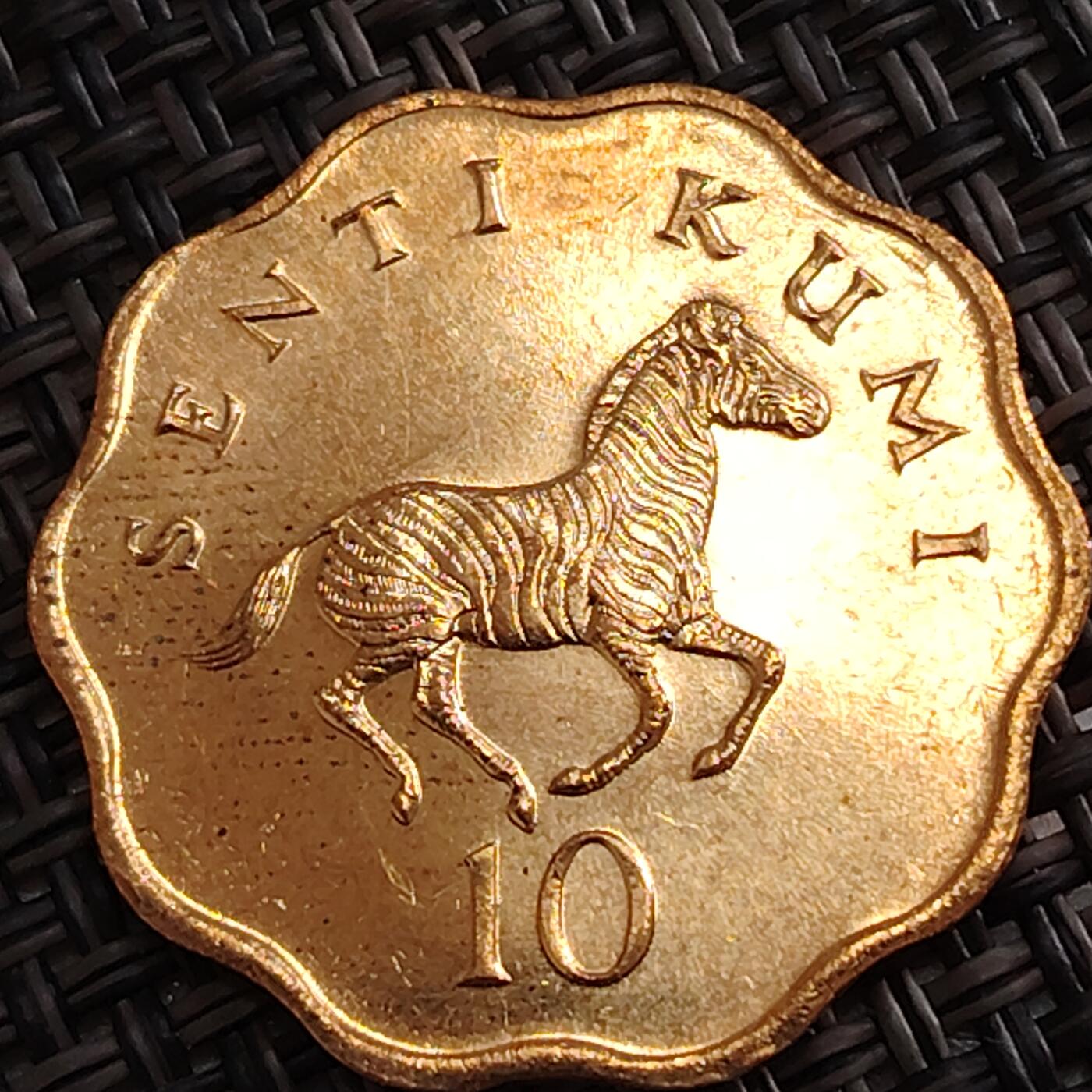 布加迪🐬～世界钱币(上海)🌾第 288 期 /  各国套币和散币 坦桑尼亚🇹🇿 斑马 1984年 10分黄铜币 异形25mm