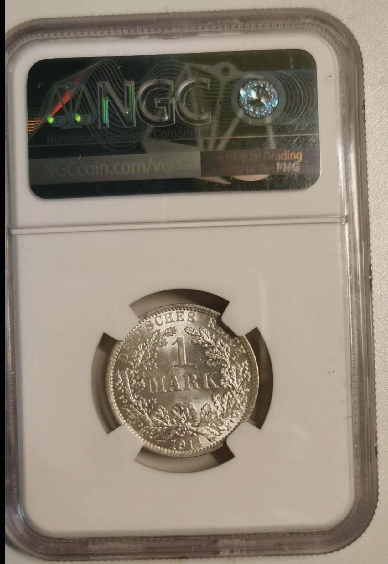 丙午马年四月第二场 。本期更新各类稀有品种 超级原光级别的德意志第二帝国1914年A厂1马克。据货主所言，是ngc给ms63不满意拆了壳子