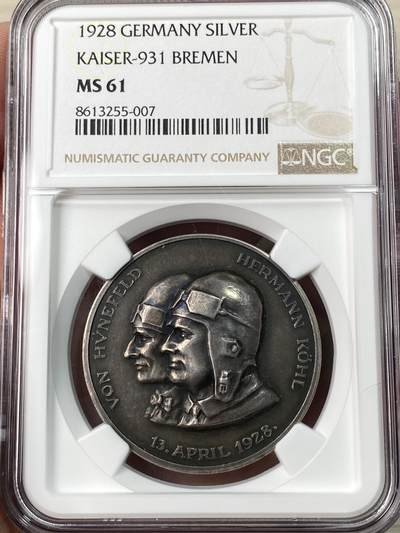 万国钱币拍卖第065期 - NGC MS61 1928德国不莱梅兄弟飞跃大西洋纪念银章 原味黑彩高浮雕 边900银