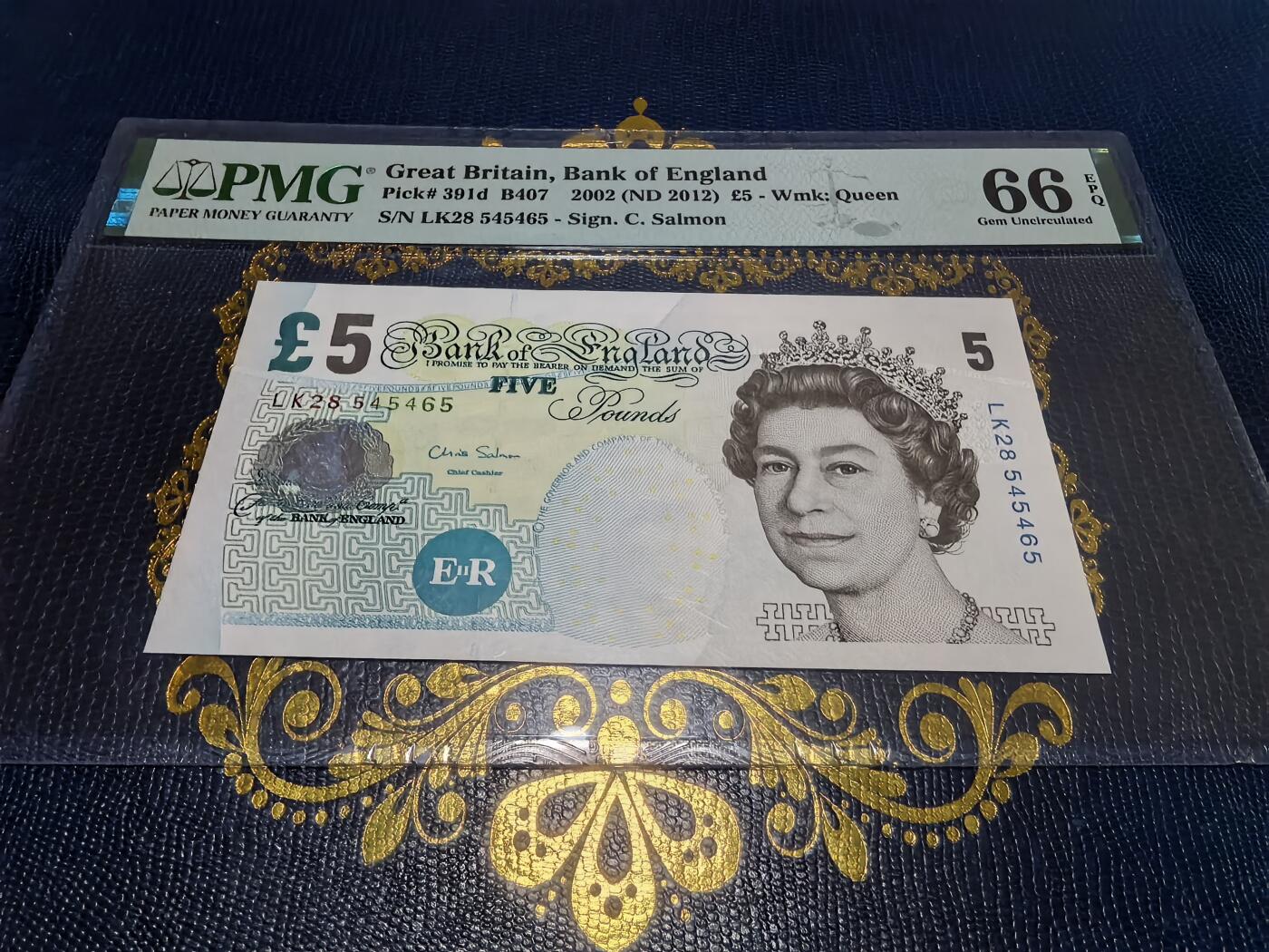 长老汇马年精选第十六场拍卖 2002英国伊丽莎白二世5英镑纸钞，PMG 66，E系列（2002-2012），背面是社会改革家伊丽莎白•弗莱