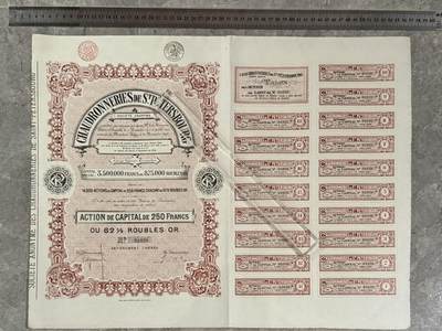  【乾奕收藏】上世纪初圣彼得堡锅炉制造股份公司资本股票250法郎，编号01020，注册资本875000金卢布，品相以图为准，适合老证券、股票、历史资料收藏 -  【乾奕收藏】上世纪初圣彼得堡锅炉制造股份公司资本股票250法郎，编号01020，注册资本875000金卢布，品相以图为准，适合老证券、股票、历史资料收藏