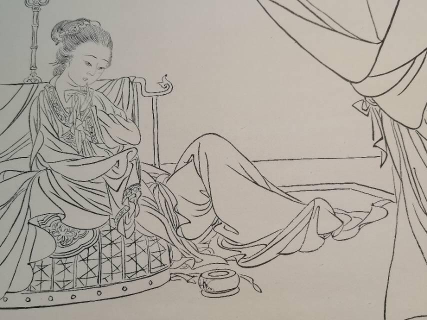 现代传统工笔白描《静思图》