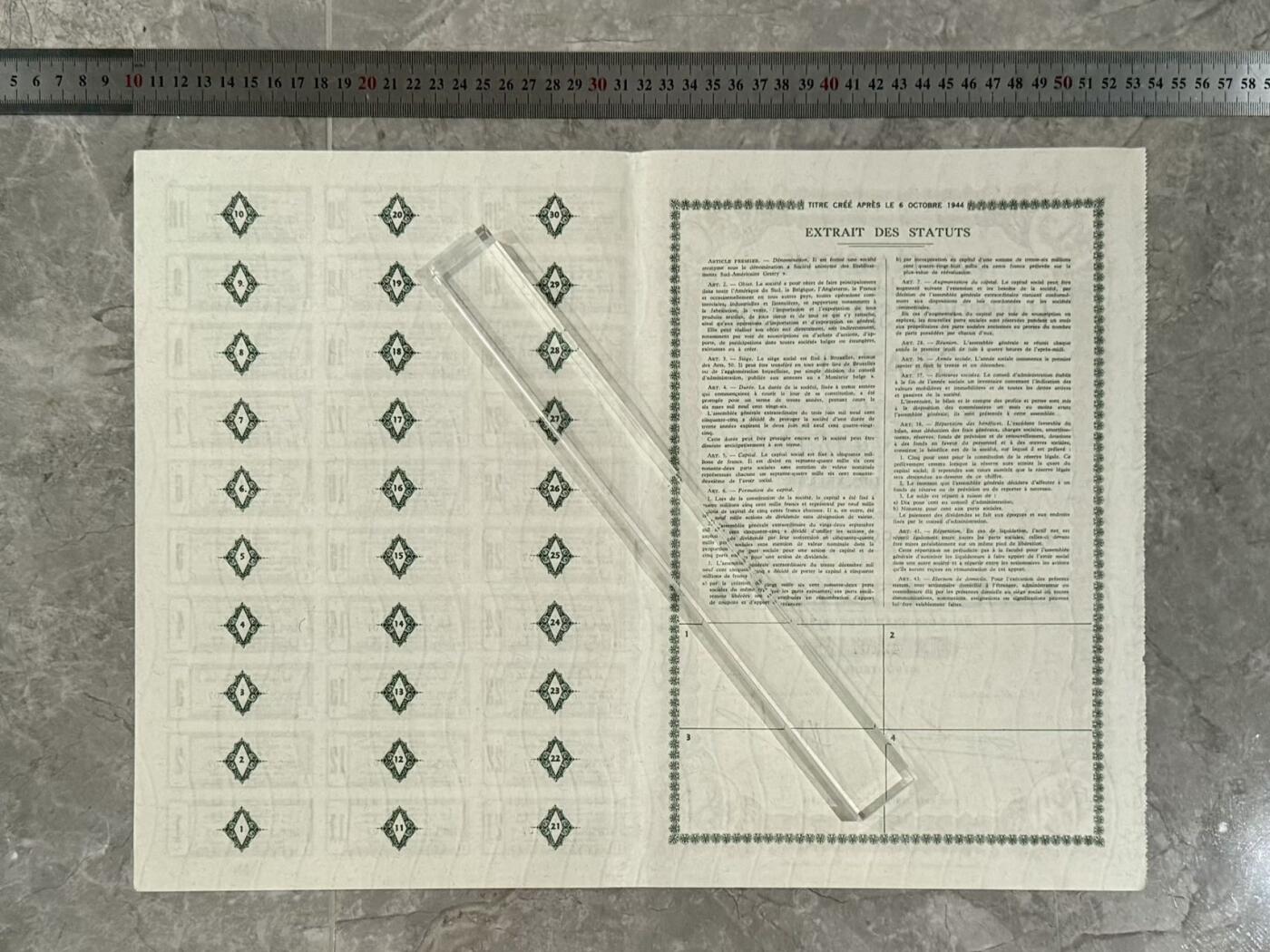 【乾奕收藏】比利时Société Anonyme des Établissements Sud-Américains Gratry南美洲格拉特里企业股份司1944年无记名股票，编号42107，500万法郎资本，74692股，附完整息票联1-30
