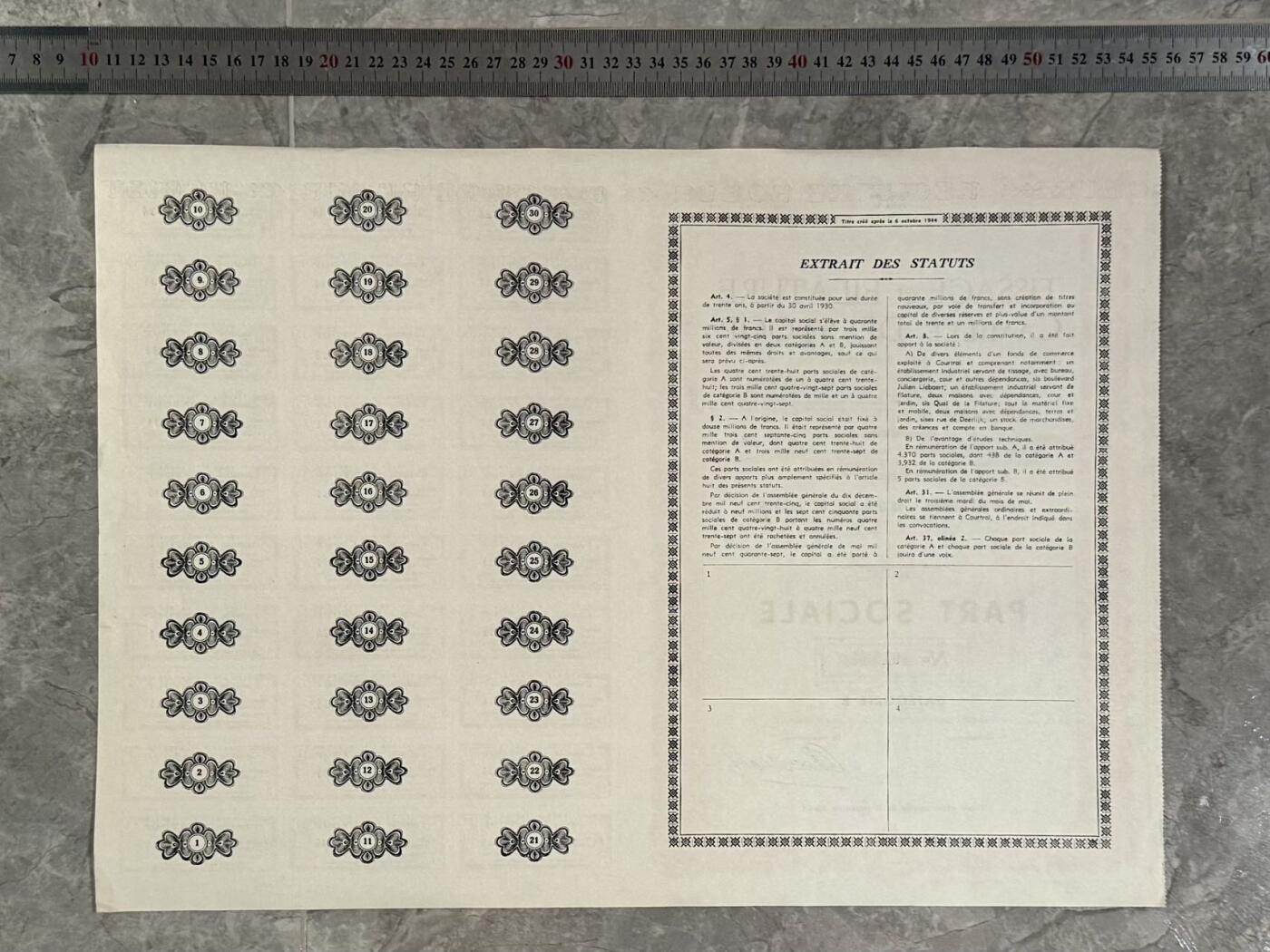  【乾奕收藏】比利时TISSAGE et FILATURE CAMILLE DE STOOP S.A.科特赖克纺织公司股票，1944年10月6日发行，B类普通股，编号01734，股本40000000法郎，分开360000股，附30张完整息票联
