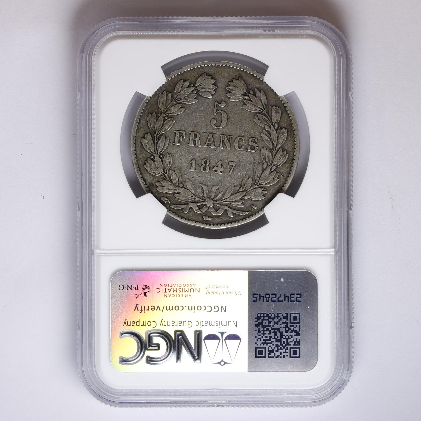 观钱 近现代机制币拍卖No.008（全场顺丰包邮，不区分偏远地区）  法国 1847 年法国路易・菲利普一世 5 法郎银币 NGC XF40 流通美品，人像细节完整，包浆自然，品相良好